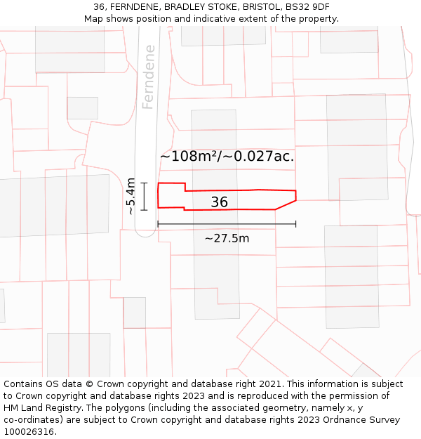 36, FERNDENE, BRADLEY STOKE, BRISTOL, BS32 9DF: Plot and title map