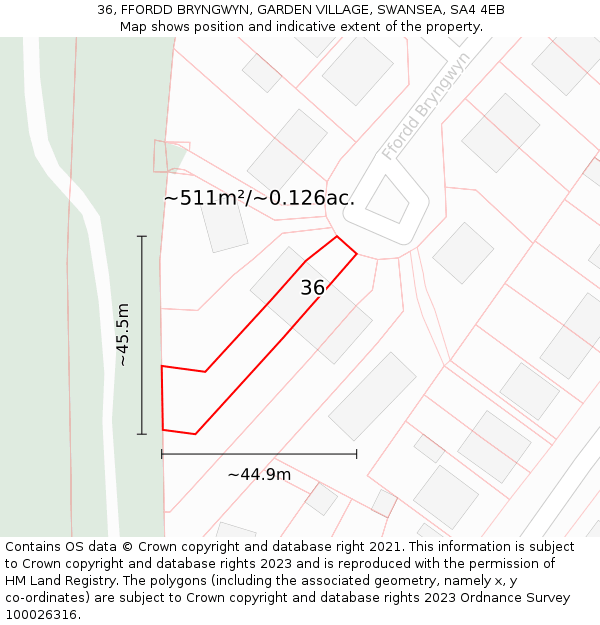 36, FFORDD BRYNGWYN, GARDEN VILLAGE, SWANSEA, SA4 4EB: Plot and title map