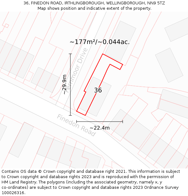 36, FINEDON ROAD, IRTHLINGBOROUGH, WELLINGBOROUGH, NN9 5TZ: Plot and title map