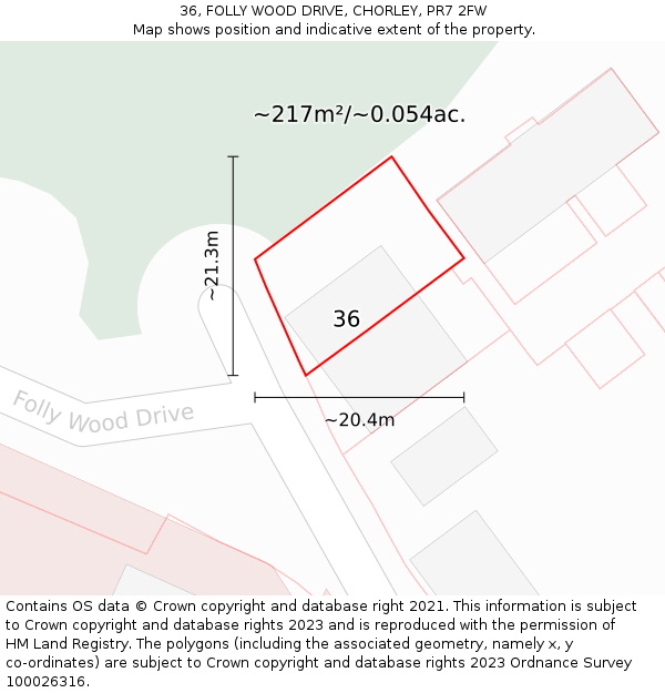 36, FOLLY WOOD DRIVE, CHORLEY, PR7 2FW: Plot and title map