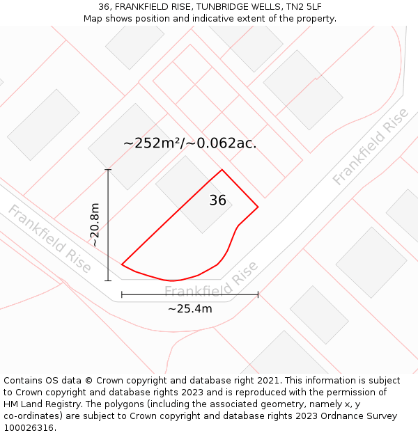 36, FRANKFIELD RISE, TUNBRIDGE WELLS, TN2 5LF: Plot and title map