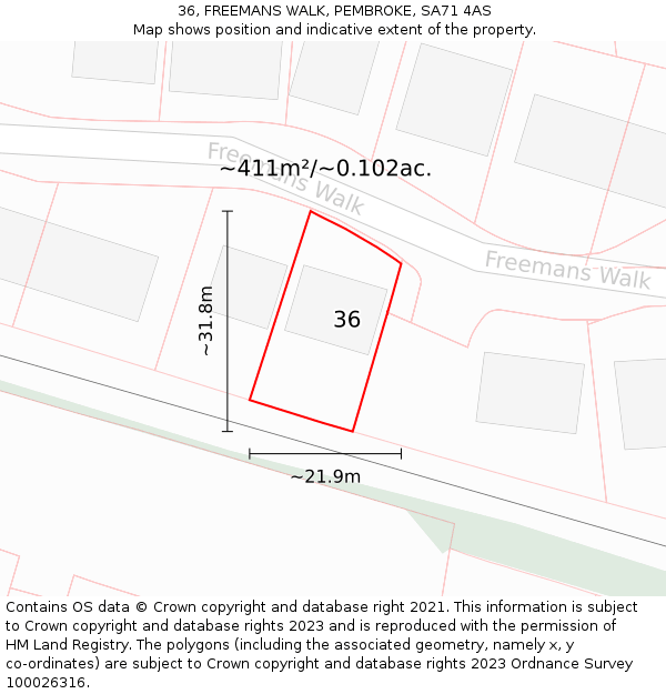 36, FREEMANS WALK, PEMBROKE, SA71 4AS: Plot and title map