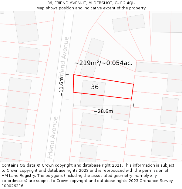 36, FRIEND AVENUE, ALDERSHOT, GU12 4QU: Plot and title map