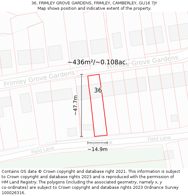 36, FRIMLEY GROVE GARDENS, FRIMLEY, CAMBERLEY, GU16 7JY: Plot and title map