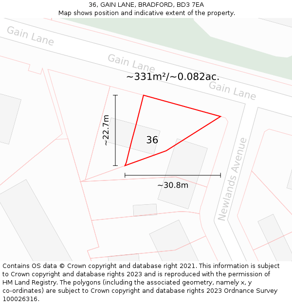 36, GAIN LANE, BRADFORD, BD3 7EA: Plot and title map