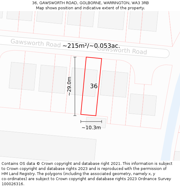 36, GAWSWORTH ROAD, GOLBORNE, WARRINGTON, WA3 3RB: Plot and title map