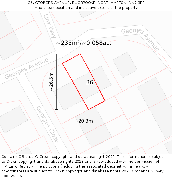 36, GEORGES AVENUE, BUGBROOKE, NORTHAMPTON, NN7 3PP: Plot and title map