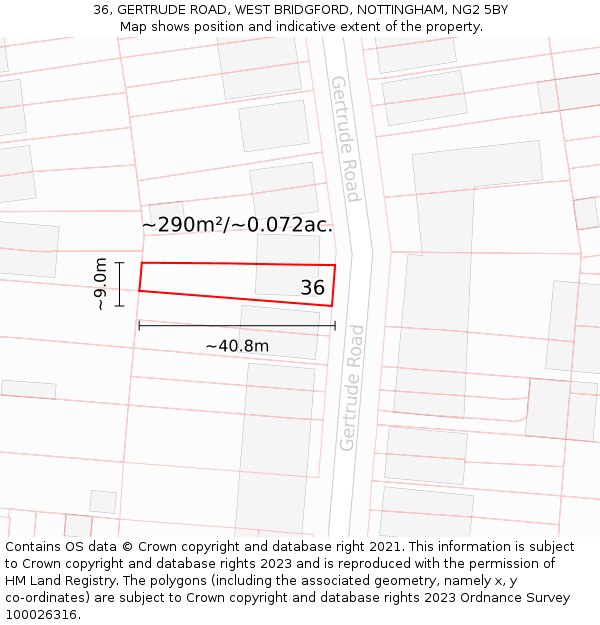 36, GERTRUDE ROAD, WEST BRIDGFORD, NOTTINGHAM, NG2 5BY: Plot and title map