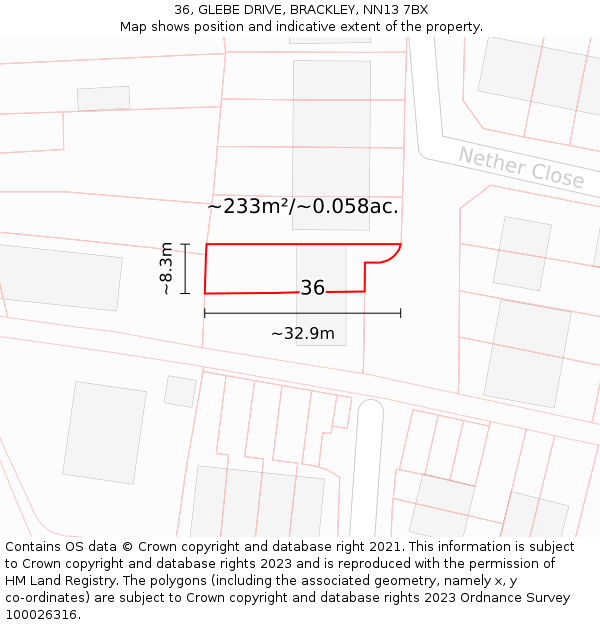 36, GLEBE DRIVE, BRACKLEY, NN13 7BX: Plot and title map