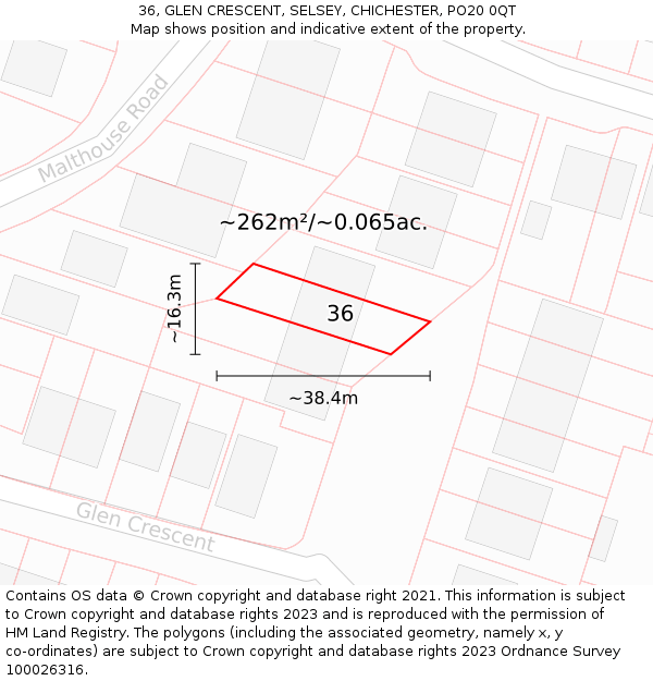 36, GLEN CRESCENT, SELSEY, CHICHESTER, PO20 0QT: Plot and title map
