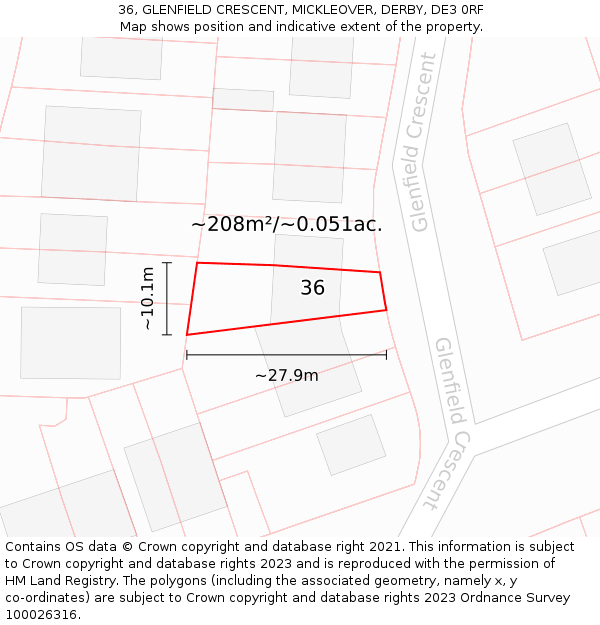 36, GLENFIELD CRESCENT, MICKLEOVER, DERBY, DE3 0RF: Plot and title map