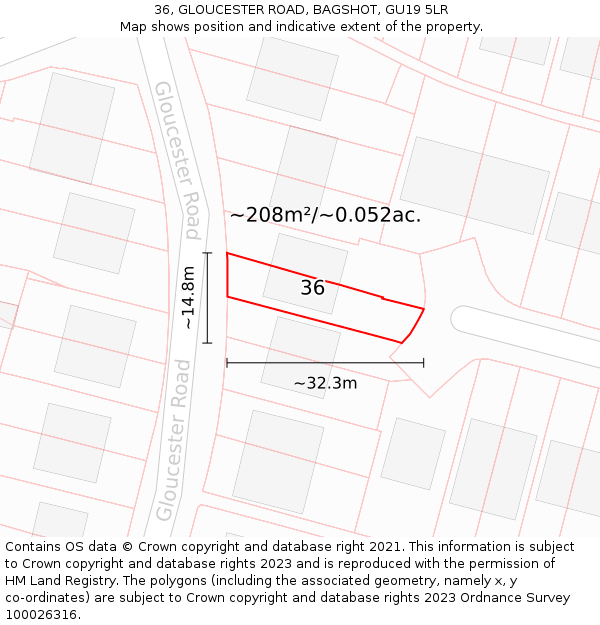 36, GLOUCESTER ROAD, BAGSHOT, GU19 5LR: Plot and title map