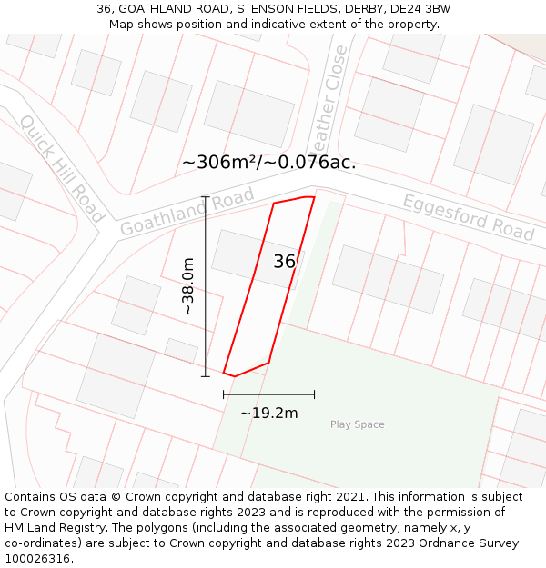 36, GOATHLAND ROAD, STENSON FIELDS, DERBY, DE24 3BW: Plot and title map