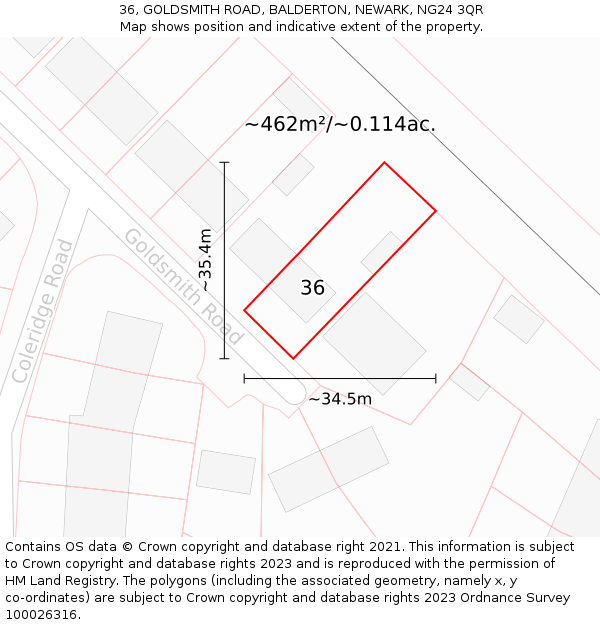 36, GOLDSMITH ROAD, BALDERTON, NEWARK, NG24 3QR: Plot and title map