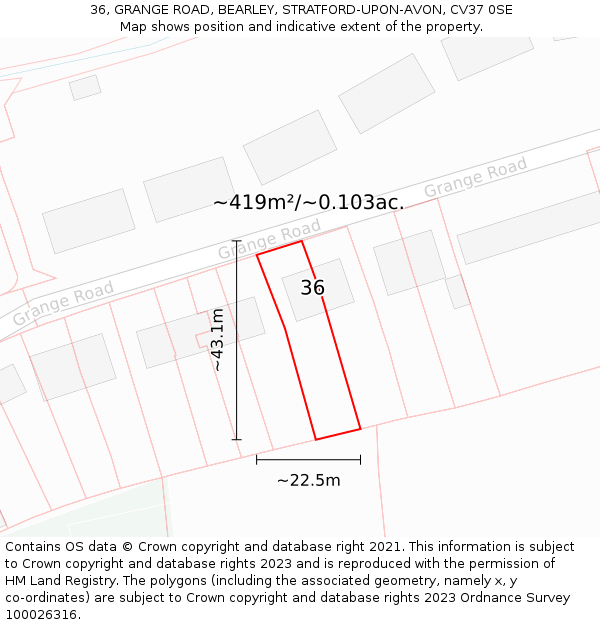 36, GRANGE ROAD, BEARLEY, STRATFORD-UPON-AVON, CV37 0SE: Plot and title map