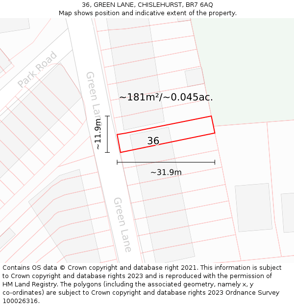 36, GREEN LANE, CHISLEHURST, BR7 6AQ: Plot and title map