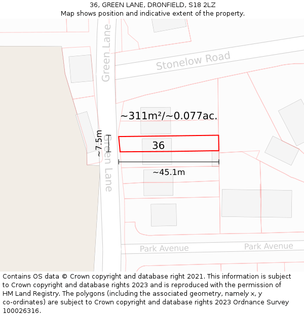 36, GREEN LANE, DRONFIELD, S18 2LZ: Plot and title map