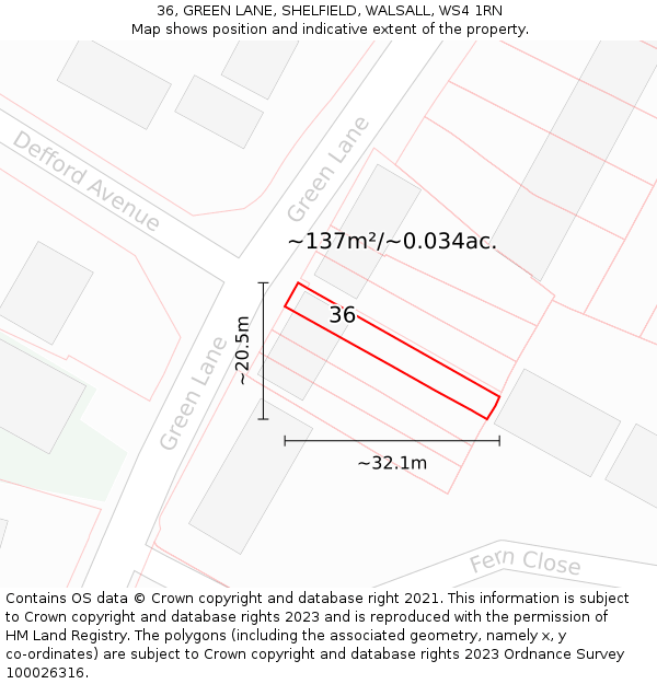 36, GREEN LANE, SHELFIELD, WALSALL, WS4 1RN: Plot and title map