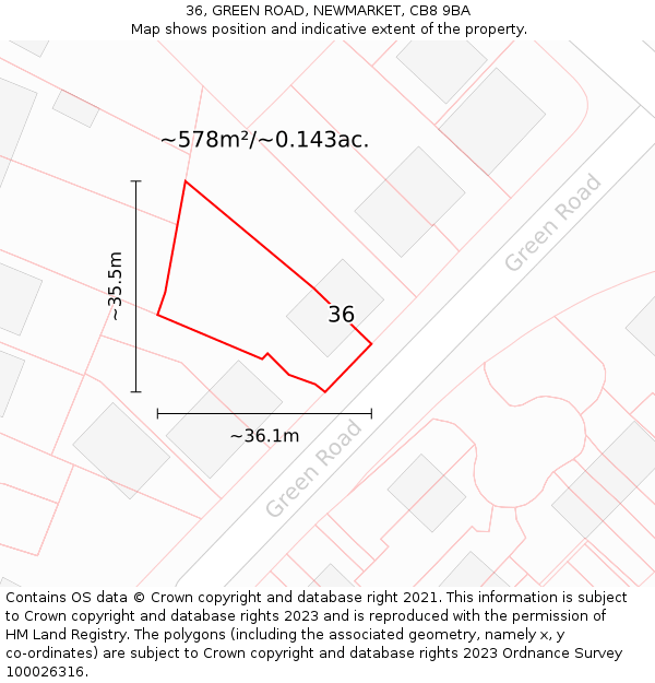 36, GREEN ROAD, NEWMARKET, CB8 9BA: Plot and title map