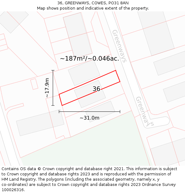 36, GREENWAYS, COWES, PO31 8AN: Plot and title map