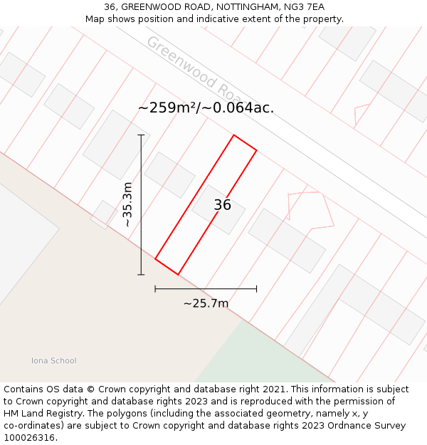 36, GREENWOOD ROAD, NOTTINGHAM, NG3 7EA: Plot and title map