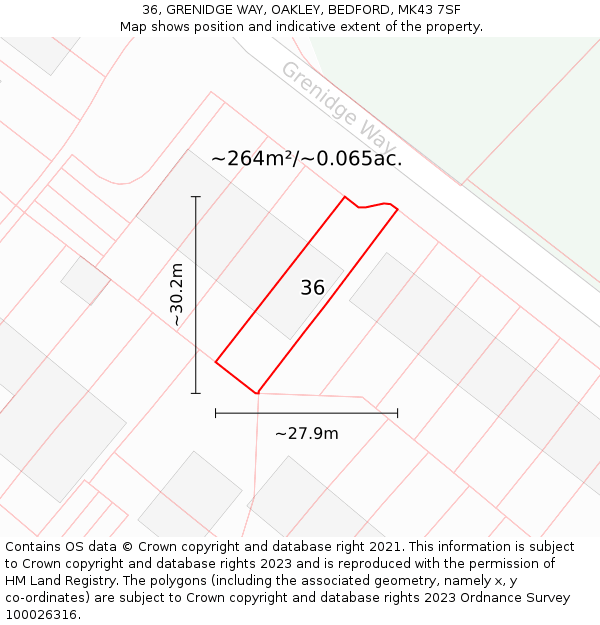 36, GRENIDGE WAY, OAKLEY, BEDFORD, MK43 7SF: Plot and title map