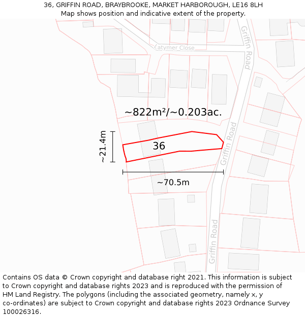 36, GRIFFIN ROAD, BRAYBROOKE, MARKET HARBOROUGH, LE16 8LH: Plot and title map