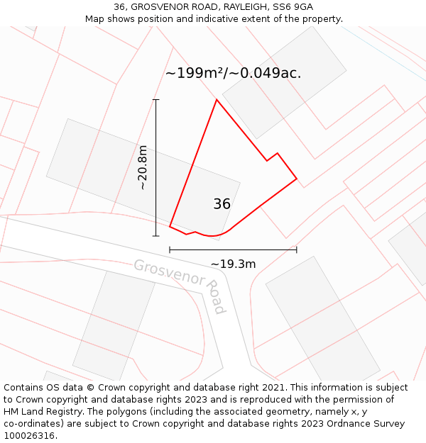 36, GROSVENOR ROAD, RAYLEIGH, SS6 9GA: Plot and title map