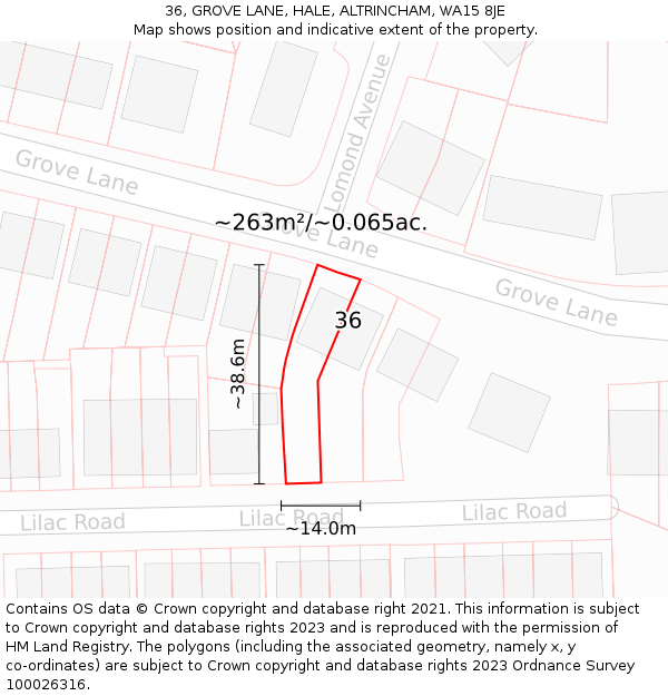 36, GROVE LANE, HALE, ALTRINCHAM, WA15 8JE: Plot and title map