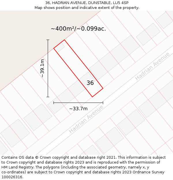 36, HADRIAN AVENUE, DUNSTABLE, LU5 4SP: Plot and title map