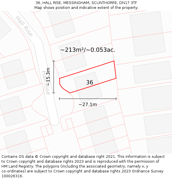 36, HALL RISE, MESSINGHAM, SCUNTHORPE, DN17 3TF: Plot and title map