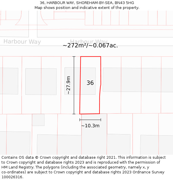 36, HARBOUR WAY, SHOREHAM-BY-SEA, BN43 5HG: Plot and title map