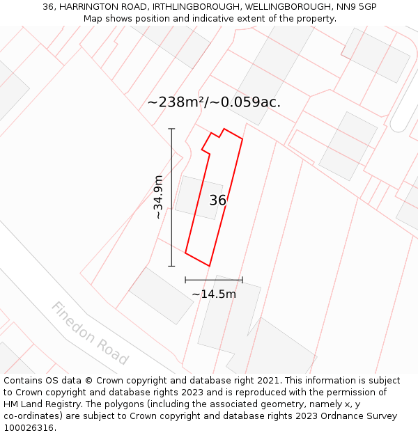 36, HARRINGTON ROAD, IRTHLINGBOROUGH, WELLINGBOROUGH, NN9 5GP: Plot and title map