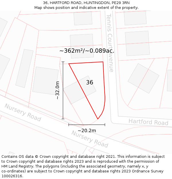 36, HARTFORD ROAD, HUNTINGDON, PE29 3RN: Plot and title map