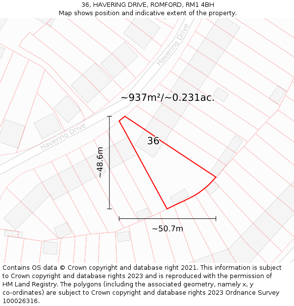 36, HAVERING DRIVE, ROMFORD, RM1 4BH: Plot and title map