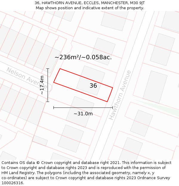 36, HAWTHORN AVENUE, ECCLES, MANCHESTER, M30 9JT: Plot and title map