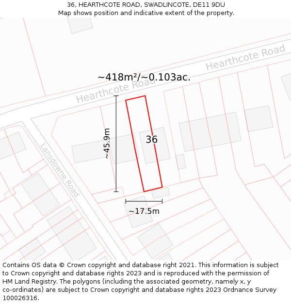 36, HEARTHCOTE ROAD, SWADLINCOTE, DE11 9DU: Plot and title map