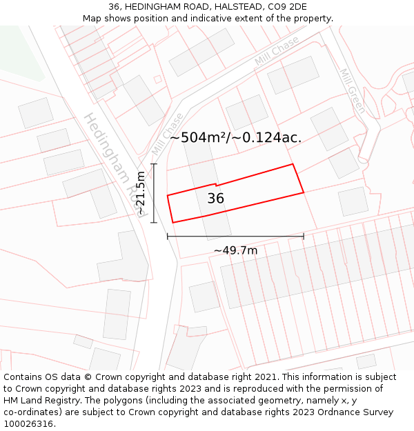 36, HEDINGHAM ROAD, HALSTEAD, CO9 2DE: Plot and title map