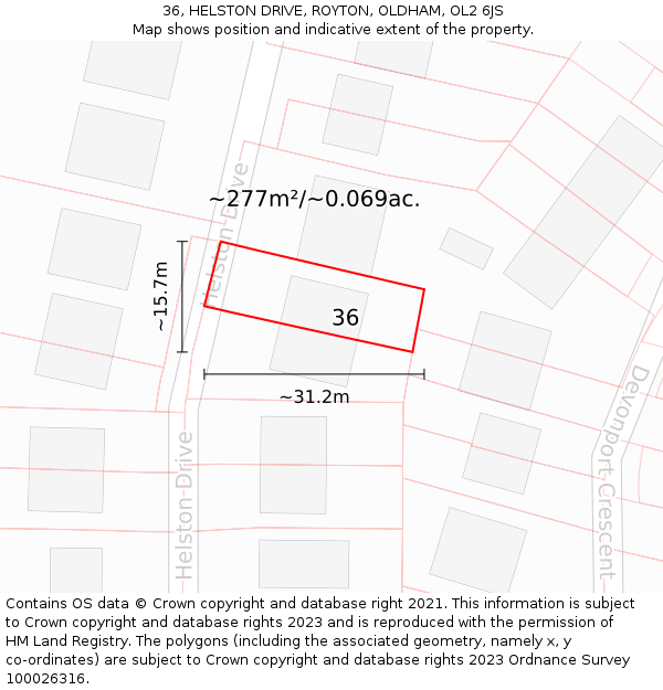 36, HELSTON DRIVE, ROYTON, OLDHAM, OL2 6JS: Plot and title map