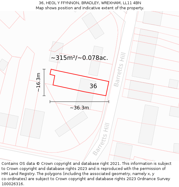 36, HEOL Y FFYNNON, BRADLEY, WREXHAM, LL11 4BN: Plot and title map