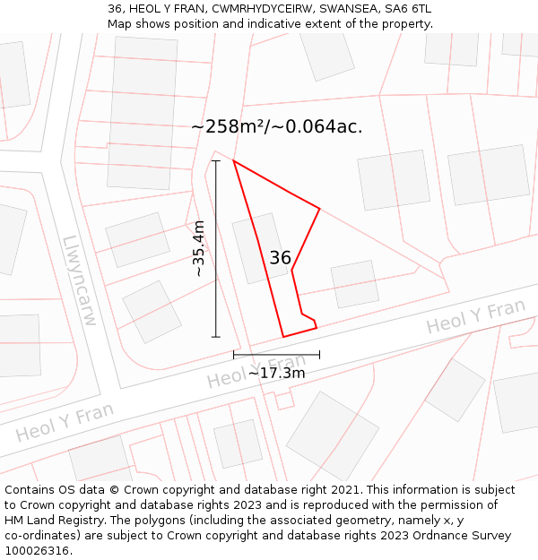 36, HEOL Y FRAN, CWMRHYDYCEIRW, SWANSEA, SA6 6TL: Plot and title map