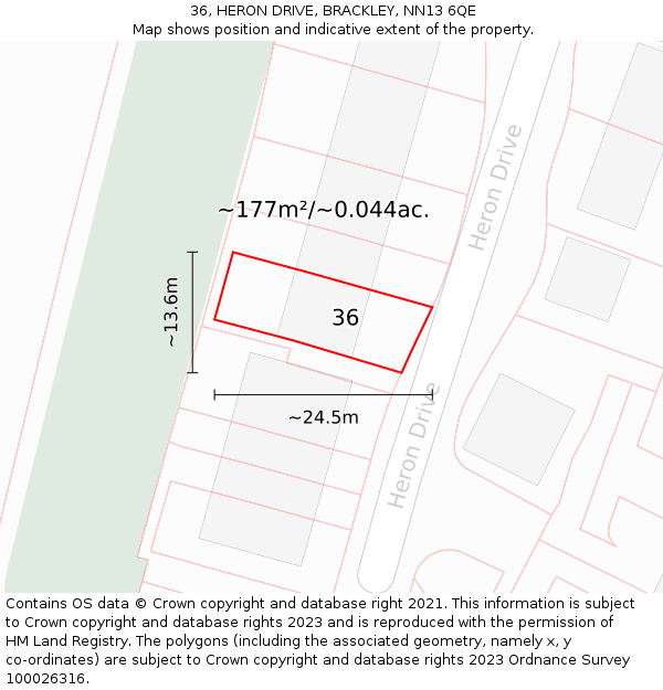 36, HERON DRIVE, BRACKLEY, NN13 6QE: Plot and title map