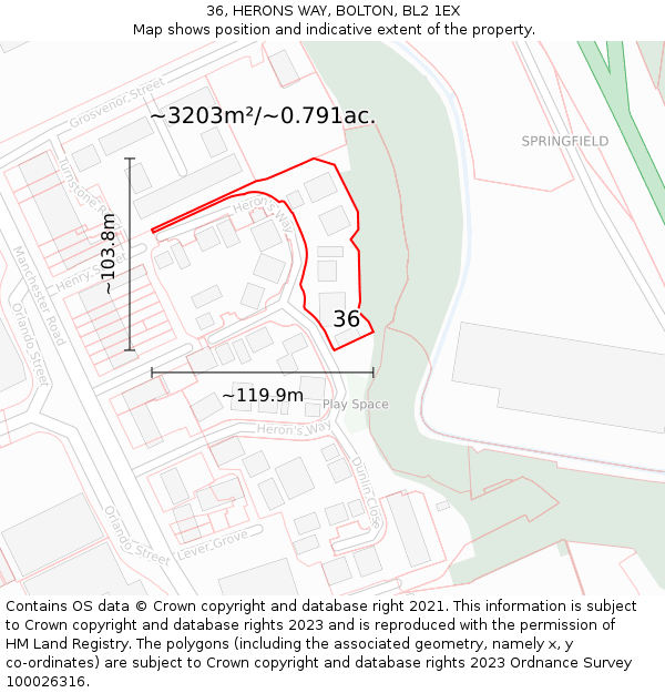 36, HERONS WAY, BOLTON, BL2 1EX: Plot and title map