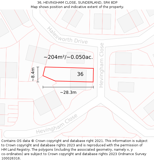 36, HEVINGHAM CLOSE, SUNDERLAND, SR4 8DP: Plot and title map