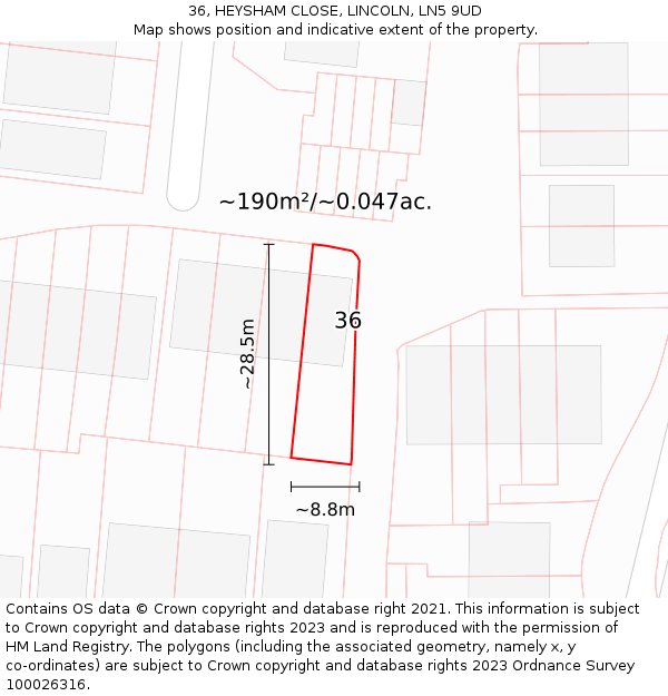 36, HEYSHAM CLOSE, LINCOLN, LN5 9UD: Plot and title map