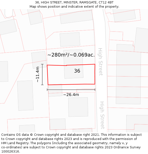 36, HIGH STREET, MINSTER, RAMSGATE, CT12 4BT: Plot and title map