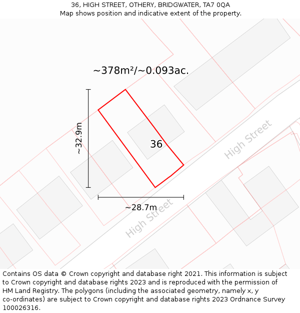 36, HIGH STREET, OTHERY, BRIDGWATER, TA7 0QA: Plot and title map