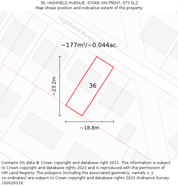 36, HIGHFIELD AVENUE, STOKE-ON-TRENT, ST3 5LZ: Plot and title map