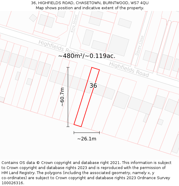 36, HIGHFIELDS ROAD, CHASETOWN, BURNTWOOD, WS7 4QU: Plot and title map