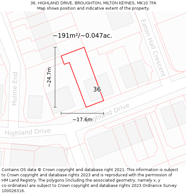 36, HIGHLAND DRIVE, BROUGHTON, MILTON KEYNES, MK10 7FA: Plot and title map